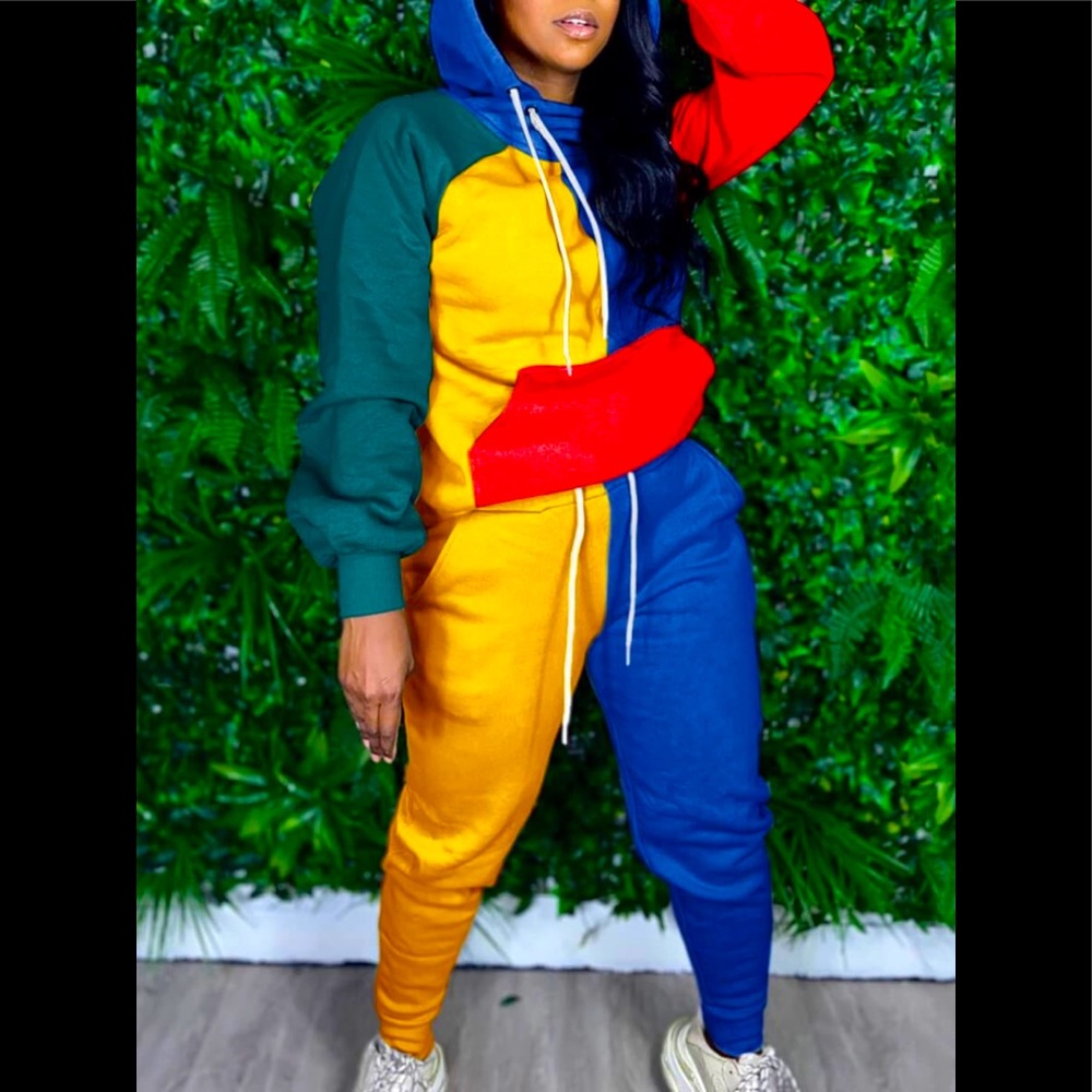 Multicolor Hoodie Long Sleeve W:Kangaroo Pocket Shirt W/ Jogger Style 2Pc Outfit